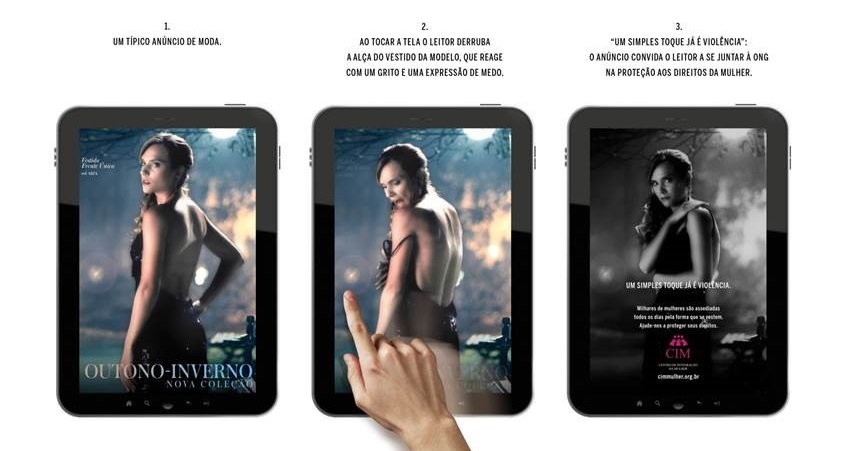 Anúncio interativo em tablet alerta para a violência contra a mulher