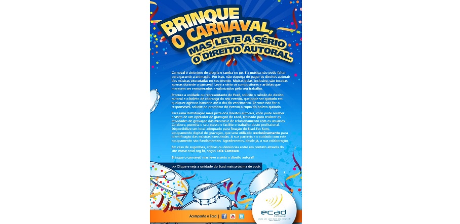 Ecad lança campanha de conscientização sobre direito autoral no Carnaval 2015