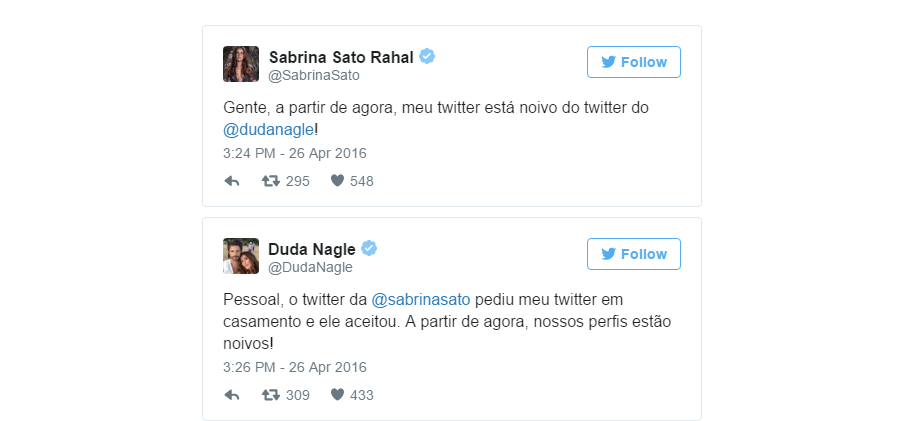 Perfis do Twitter de Sabrina Sato e Duda Nagle ficam noivos em ação criada pela Publicis