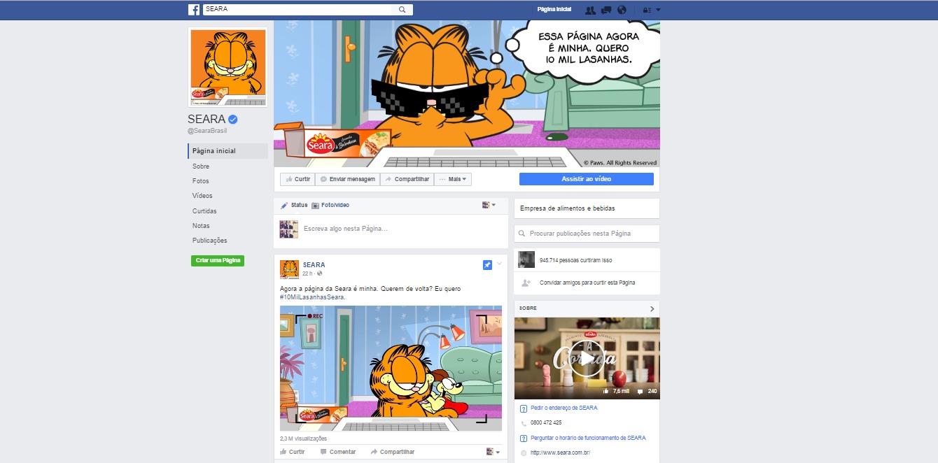 Garfield “invade” página da Seara