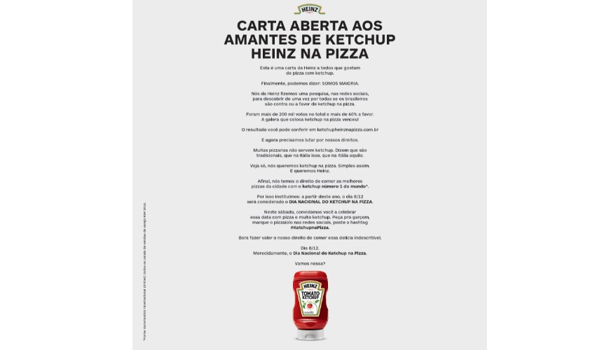 Em carta aberta, Heinz pede “Dia Nacional do Ketchup na Pizza”
