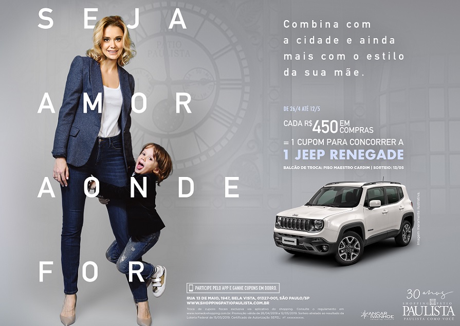 Shopping Pátio Paulista sorteia um automóvel Jeep Renegade Longitude em campanha de Dia das Mães
